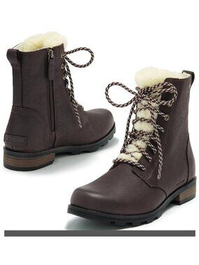Sorel Womens Emelie Short Lace Cozy Waterproof Leather Ankle Boots Brown US 7.5